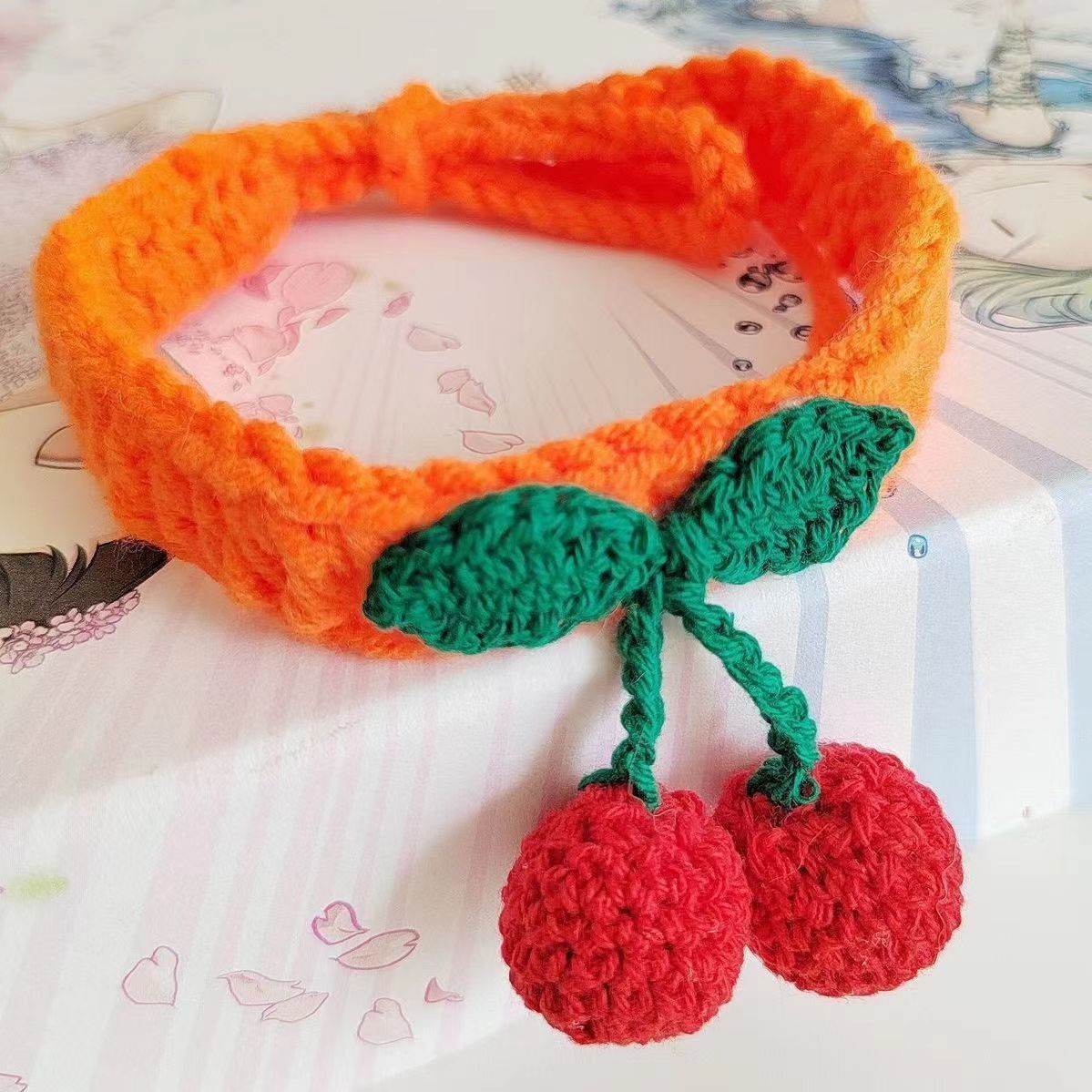 Pet Jewelry Collar Cat Dog Collar Cherry Hand Knit