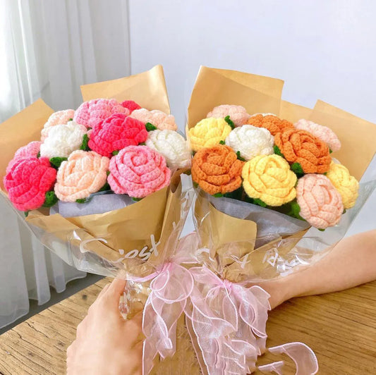 1pcs Hand-Knitted Rose Bouquet Homemade Crochet Finished Knitted Flower Sunflower Daisy Tulip Valentine's Mother's Teacher's Day Gift