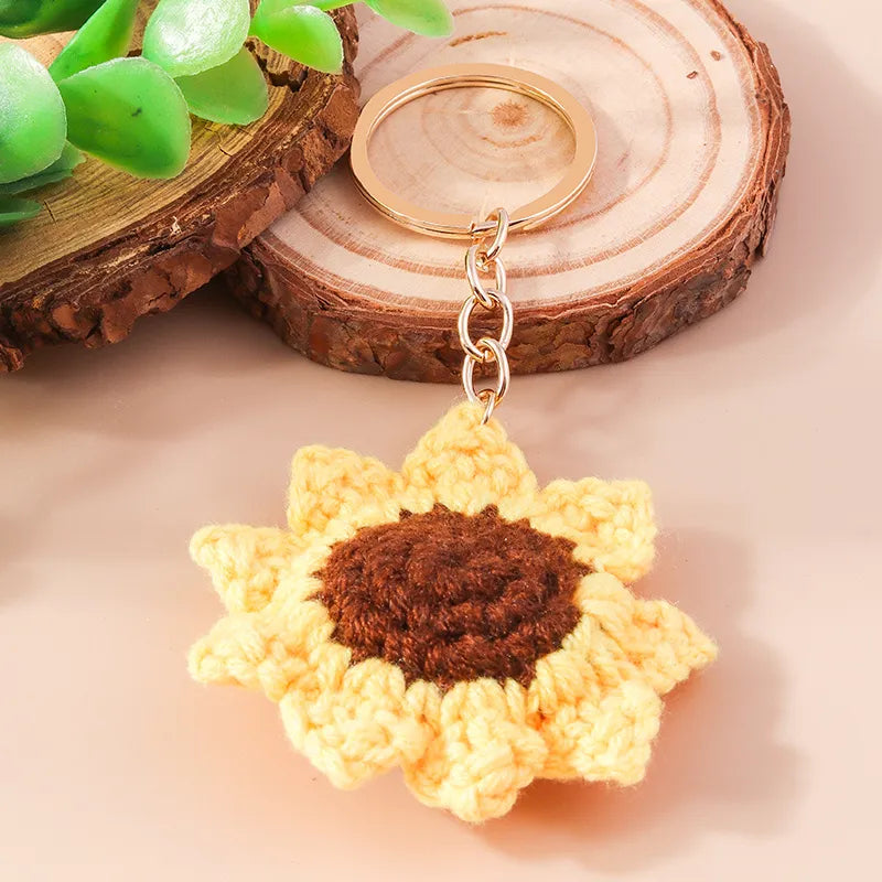 Handmade Knitted Sunshine Sunflower Keychain Keyring For Women Girl Cute Crocheted Flower Pendant Car Key Ring Handbag Gifts