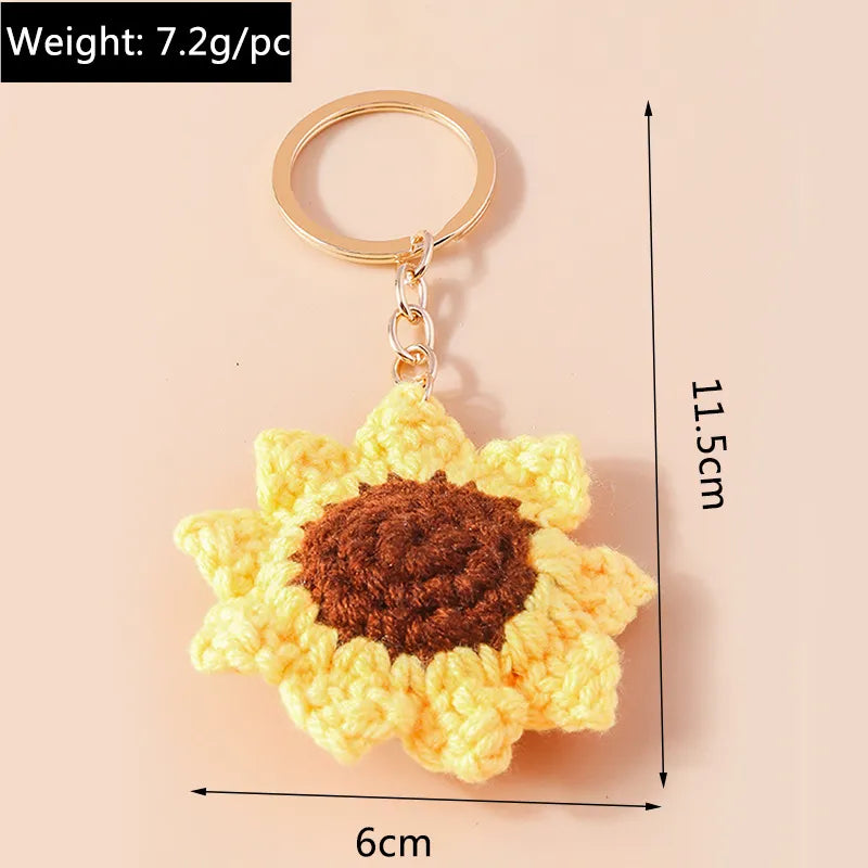 Handmade Knitted Sunshine Sunflower Keychain Keyring For Women Girl Cute Crocheted Flower Pendant Car Key Ring Handbag Gifts