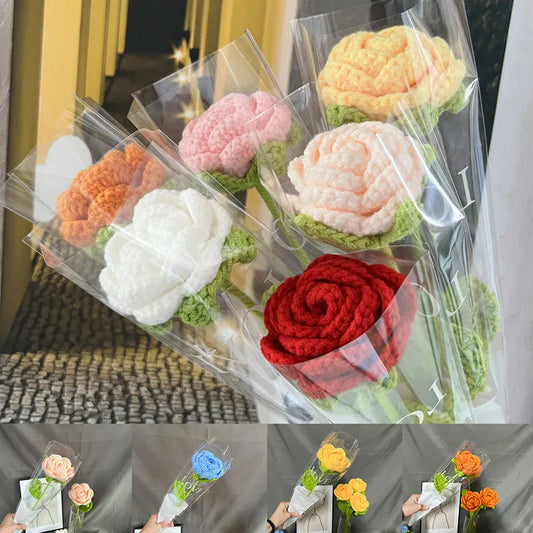 Knitted Flower Rose Tulips Fake Flowers Bouquet Wedding Decoration Hand-woven Crochet Knitting Bouquet Home Table Decorate Gift