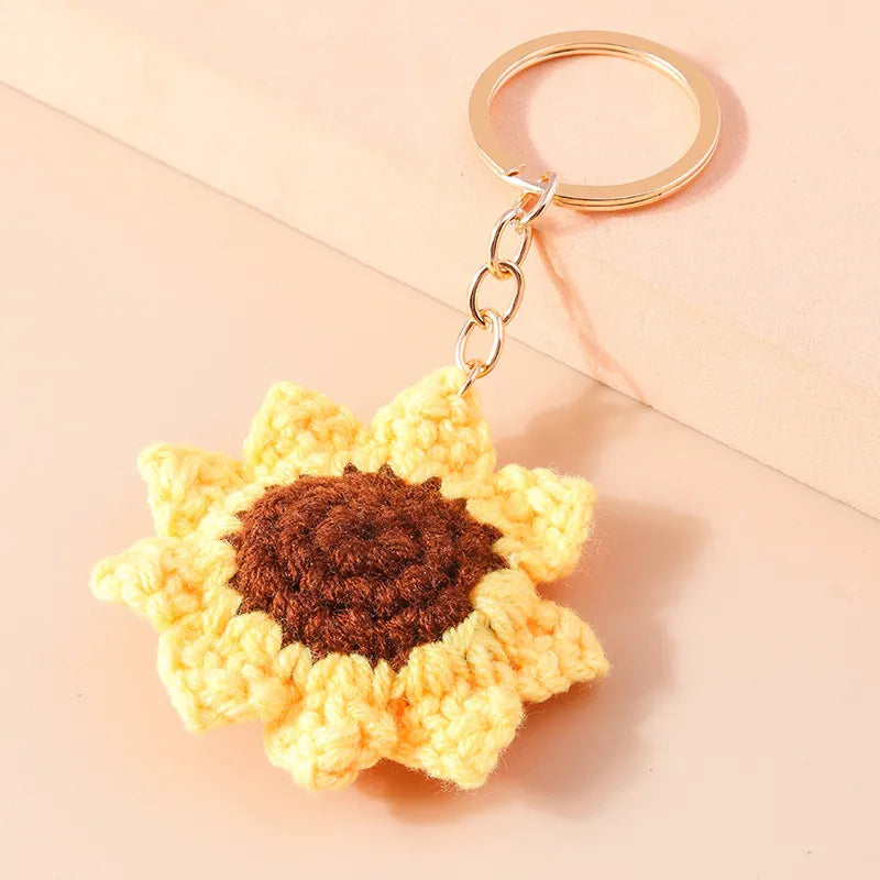 Handmade Knitted Sunshine Sunflower Keychain Keyring For Women Girl Cute Crocheted Flower Pendant Car Key Ring Handbag Gifts