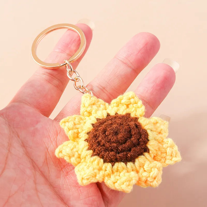 Handmade Knitted Sunshine Sunflower Keychain Keyring For Women Girl Cute Crocheted Flower Pendant Car Key Ring Handbag Gifts